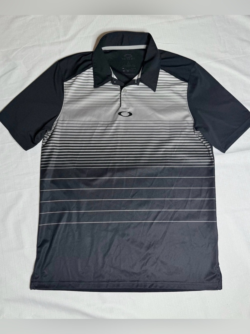 Oakley Polo Shirt Mens Small Black Grey OHydrolix Golf Striped Regular Fit